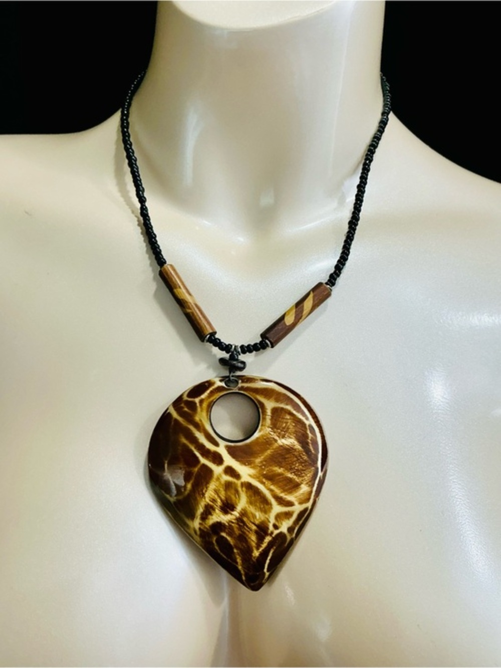Handcrafted Brown Wooden Teardrop Pendant Necklace with Black Beaded Cord